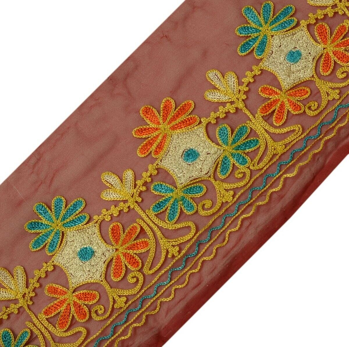 Vintage Saree Border Indian Craft Trim Embroidered Floral Dark Red Ribbon Lace