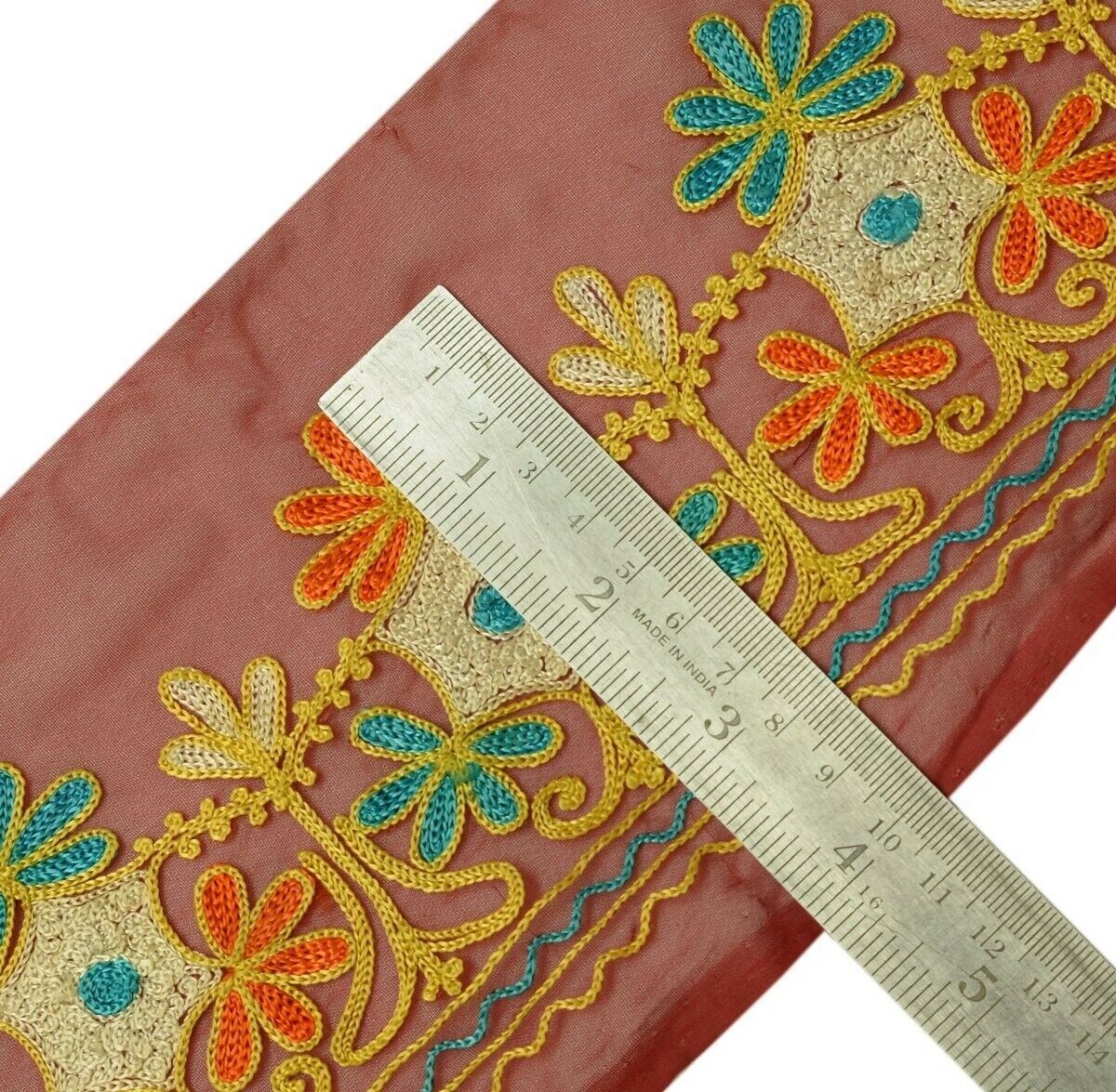 Vintage Saree Border Indian Craft Trim Embroidered Floral Dark Red Ribbon Lace