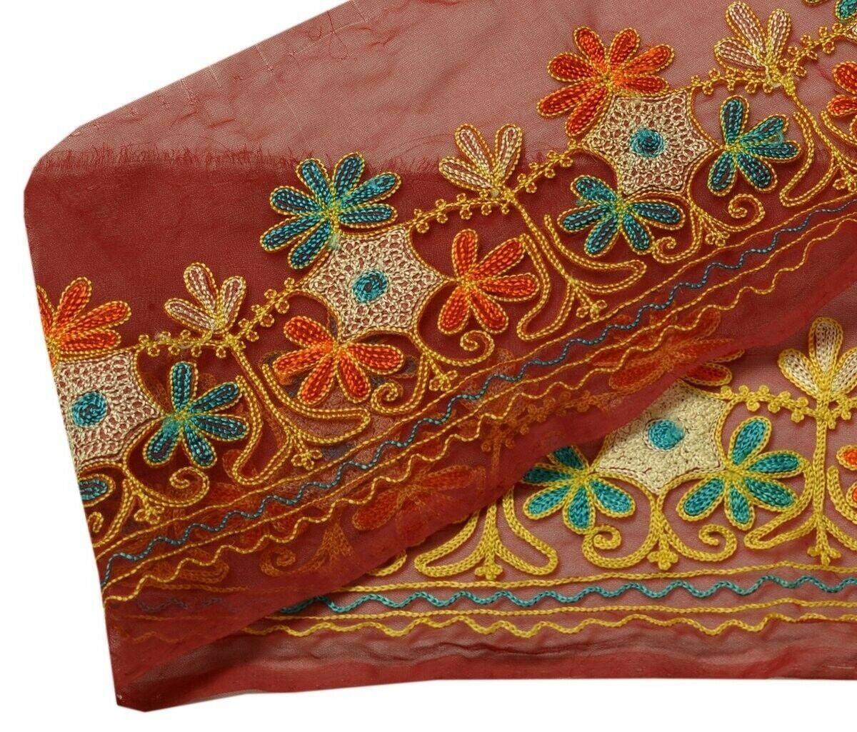 Vintage Saree Border Indian Craft Trim Embroidered Floral Dark Red Ribbon Lace