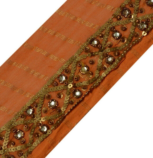 Vintage Saree Border Indian Craft Trim Hand Beaded Sequins Embroidered Lace Rust