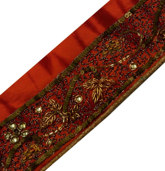 Vintage Saree Border Indian Craft Trim Hand Beaded Embroidered Ribbon Lace Rust