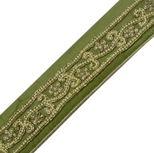 Vintage Saree Border Indian Craft Trim Hand Beaded Beads Green Ribbon Lace