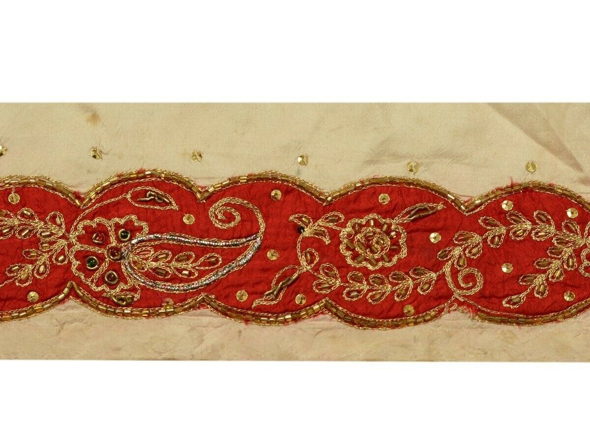 Vintage Saree Border Indian Craft Trim Hand Beaded Embroidered Ribbon Lace Red