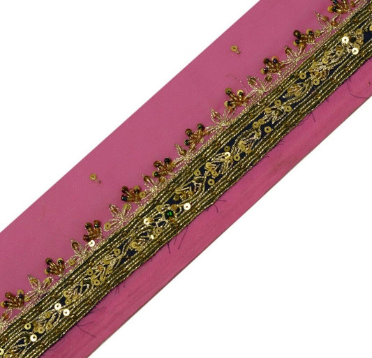 Vintage Saree Border Indian Craft Trim Hand Beaded Embroidered Ribbon Lace Pink