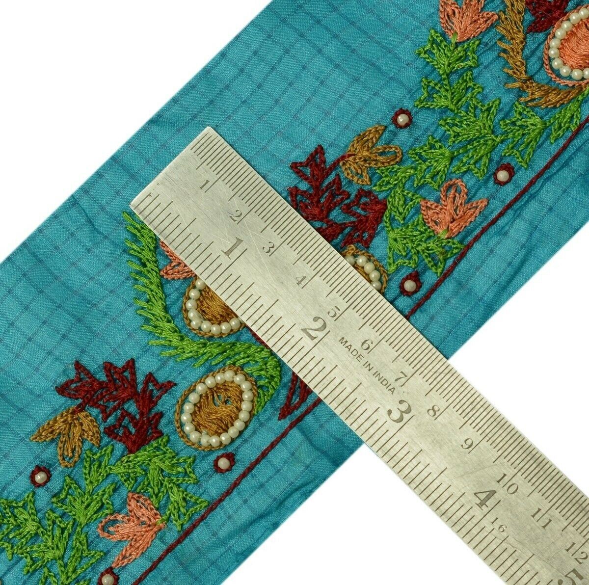 Vintage Saree Border Indian Craft Trim Hand Embroidered Beaded Ribbon Lace Blue