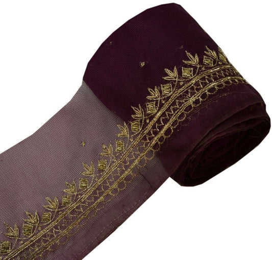 Vintage Saree Border Indian Craft Trim Hand Beaded Embroidered Lace Purple