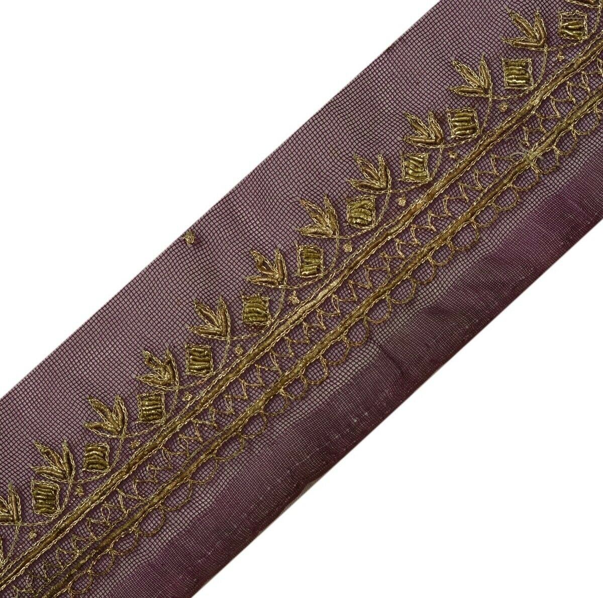 Vintage Saree Border Indian Craft Trim Hand Beaded Embroidered Lace Purple