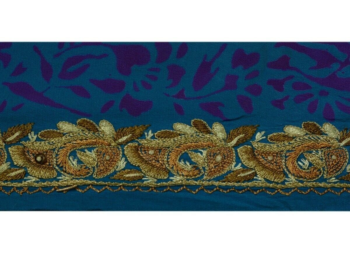 Vintage Saree Border Indian Craft Trim Hand Embroidered Blue Sewing Ribbon Lace