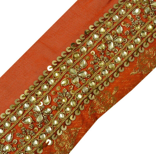 Vintage Saree Border Indian Craft Trim Hand Beaded Stones Work Lace Orange