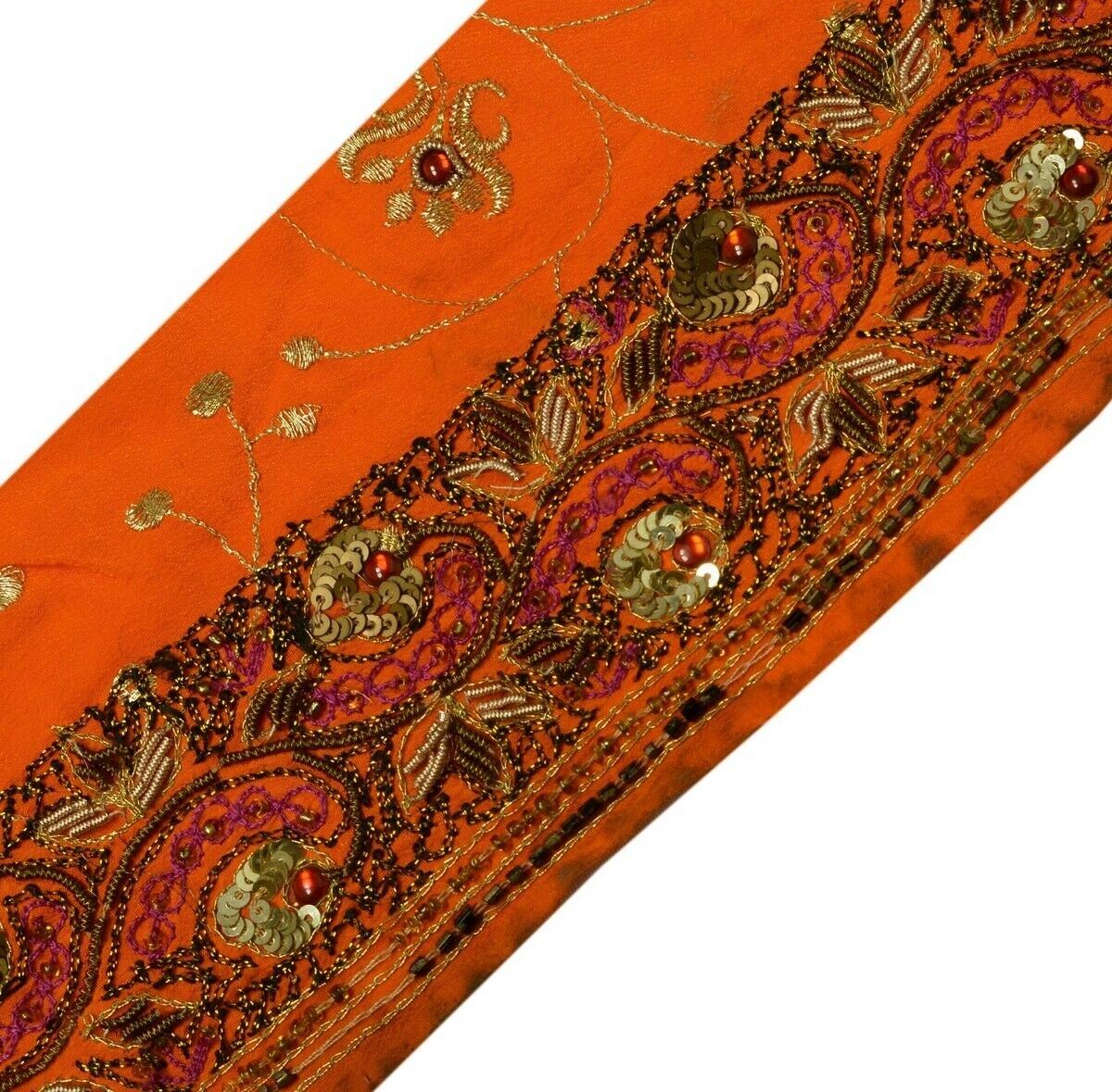 Vintage Sari Border Indian Craft Trim Hand Beaded Embroidered Ribbon Lace Orange