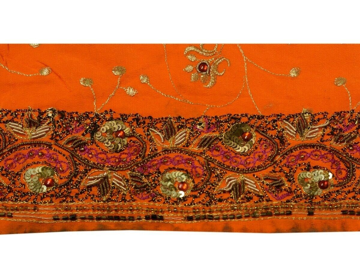 Vintage Sari Border Indian Craft Trim Hand Beaded Embroidered Ribbon Lace Orange