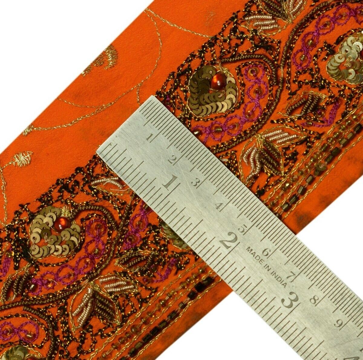 Vintage Sari Border Indian Craft Trim Hand Beaded Embroidered Ribbon Lace Orange