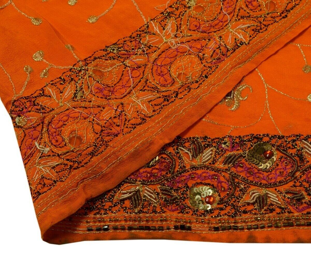 Vintage Sari Border Indian Craft Trim Hand Beaded Embroidered Ribbon Lace Orange