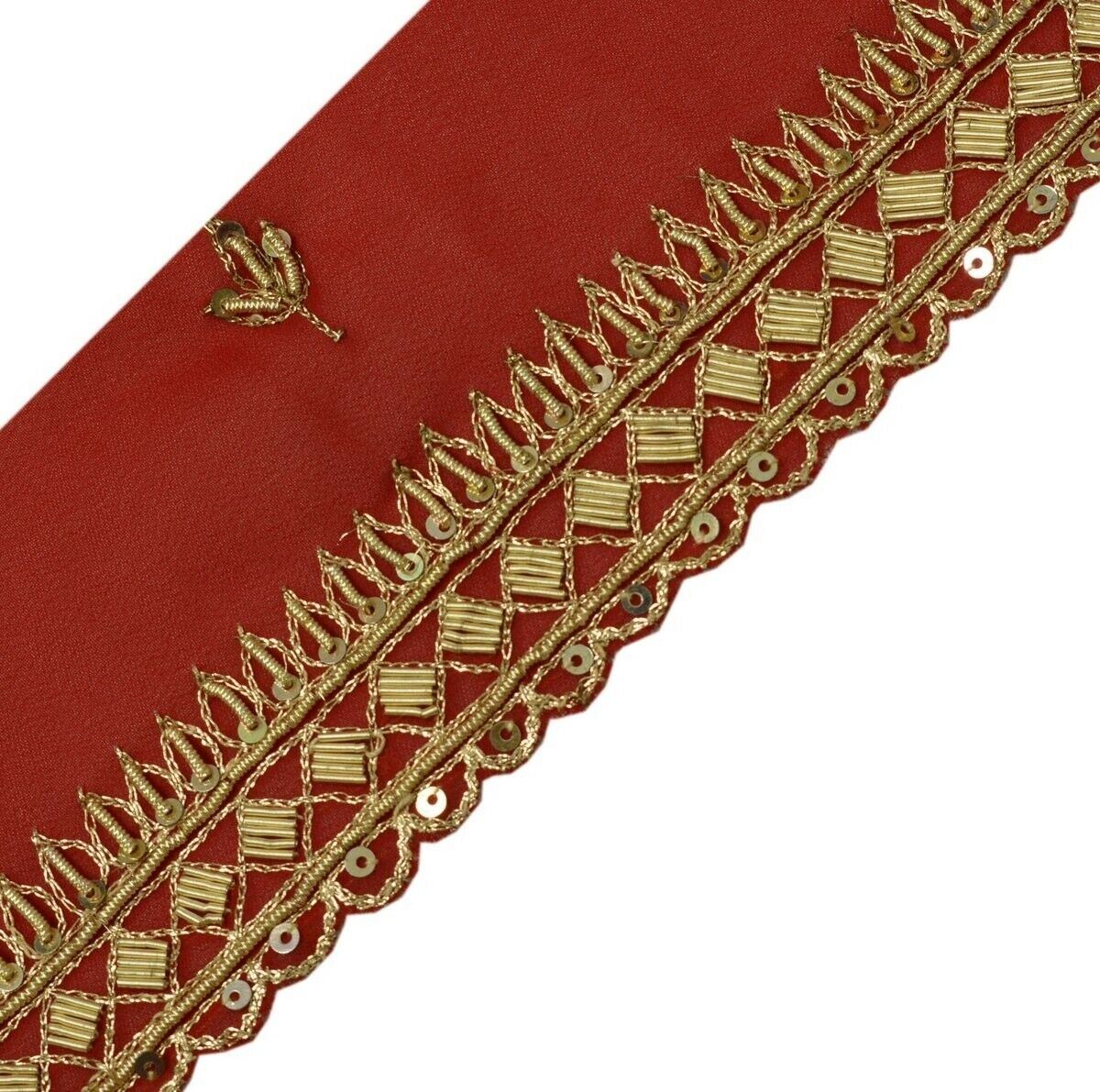 Vintage Saree Border Craft Trim Hand Beaded Zardozi Embroidered Dark Red Lace