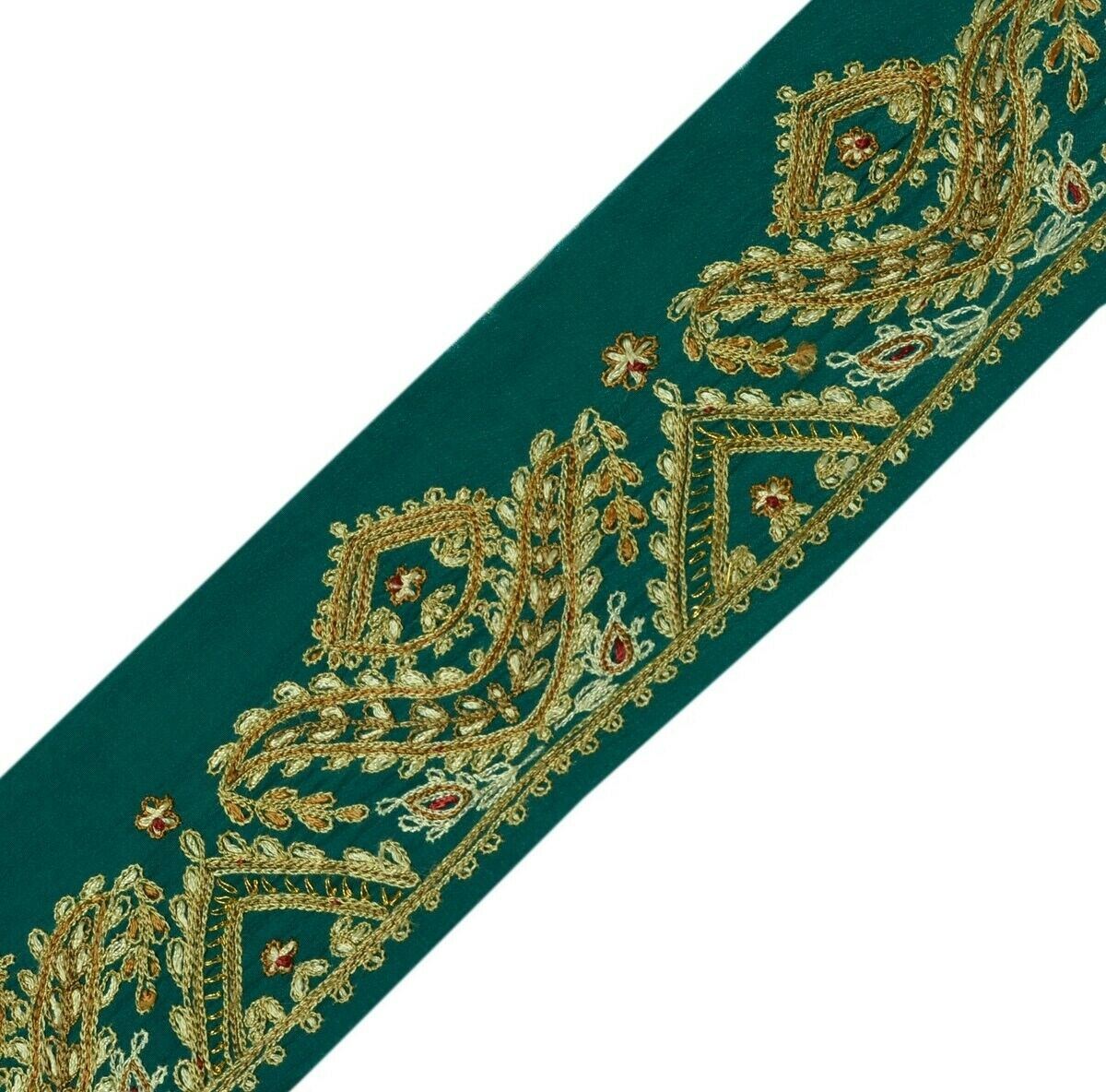 Vintage Saree Border Indian Craft Trim Hand Embroidered Green Sewing Ribbon Lace