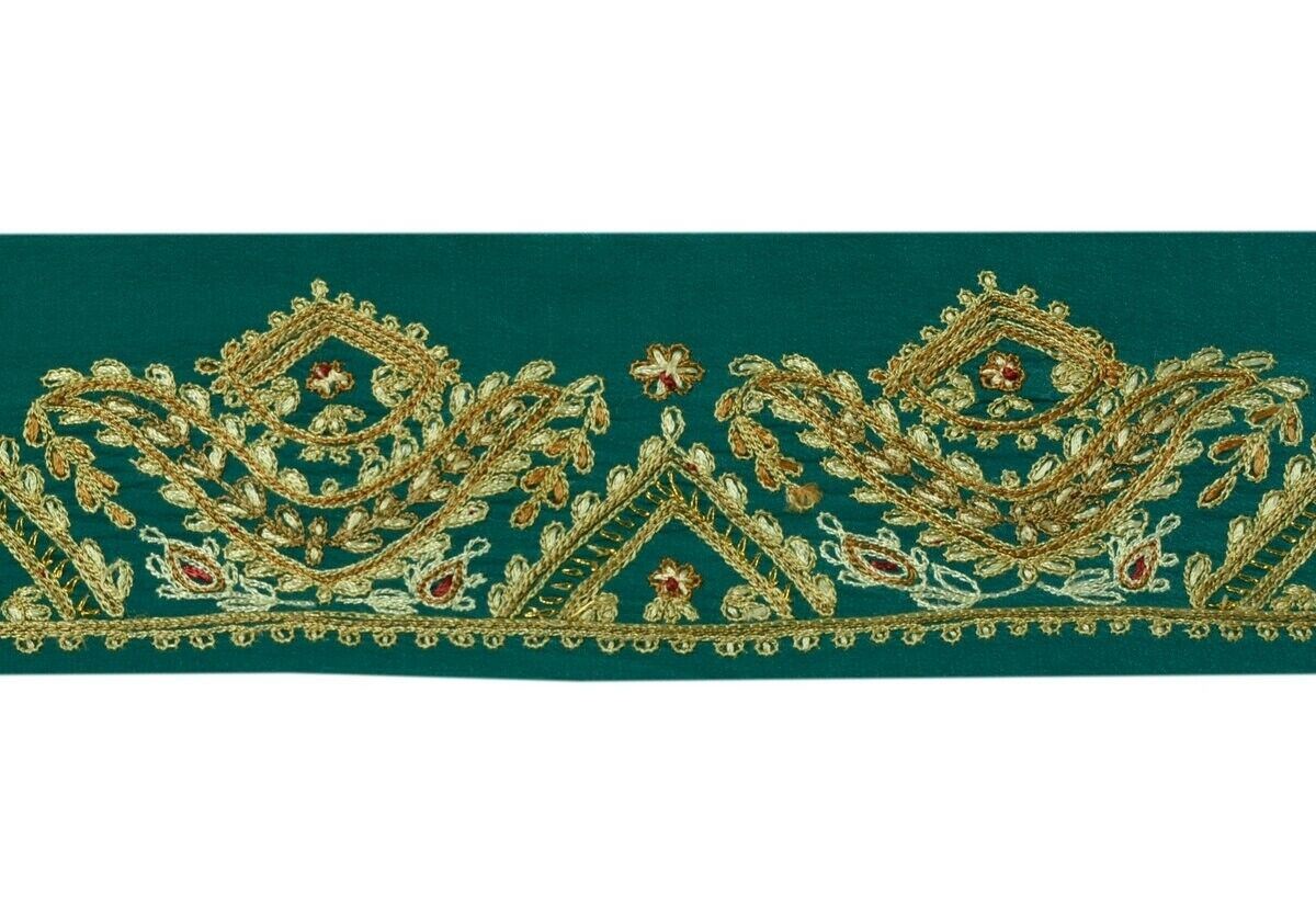 Vintage Saree Border Indian Craft Trim Hand Embroidered Green Sewing Ribbon Lace