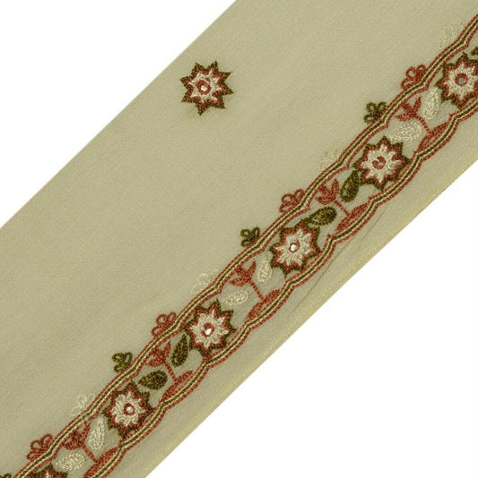 Vintage Saree Border Indian Craft Trim Floral Embroidered Cream Ribbon Lace