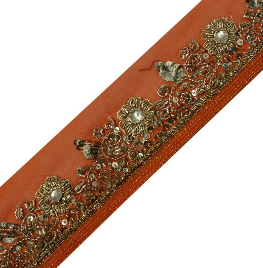 Vintage Saree Border Indian Craft Trim Hand Beaded Rusty Orange Ribbon Lace