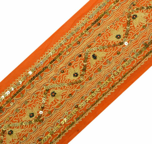 Vintage Saree Border Indian Craft Trim Antique Embroidered Orange Lace Ribbon