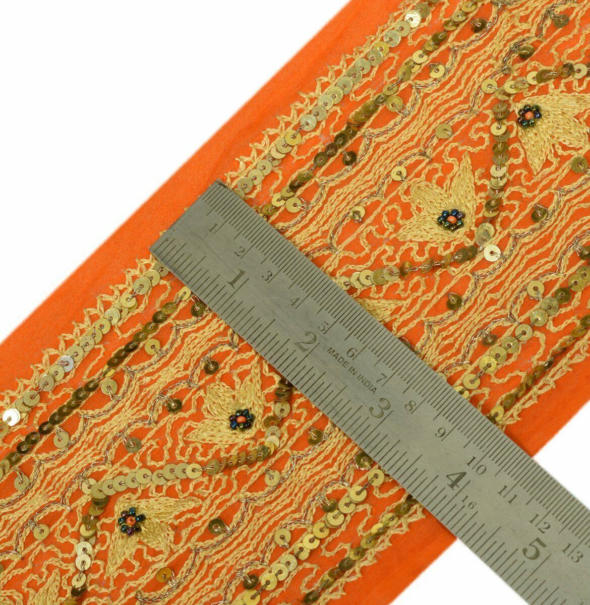 Vintage Saree Border Indian Craft Trim Antique Embroidered Orange Lace Ribbon