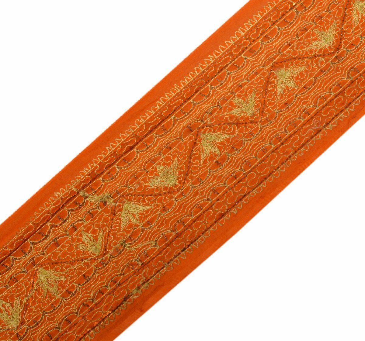 Vintage Saree Border Indian Craft Trim Antique Embroidered Orange Lace Ribbon