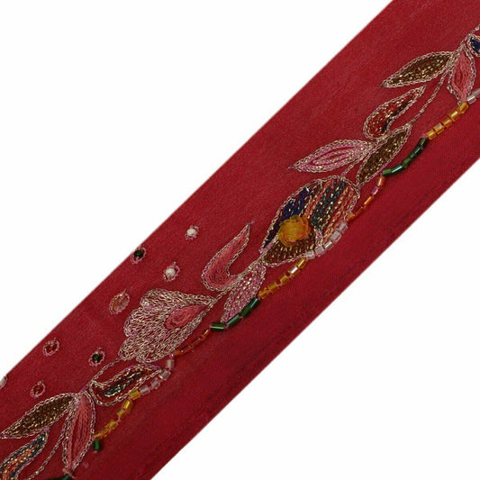 Vintage Saree Border Indian Craft Trim Antique Embroidered Beaded Maroon Ribbon