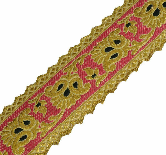 Vtg Saree Border Indian Craft Trim Antique Zari Woven Floral Ribbon Lace Pink