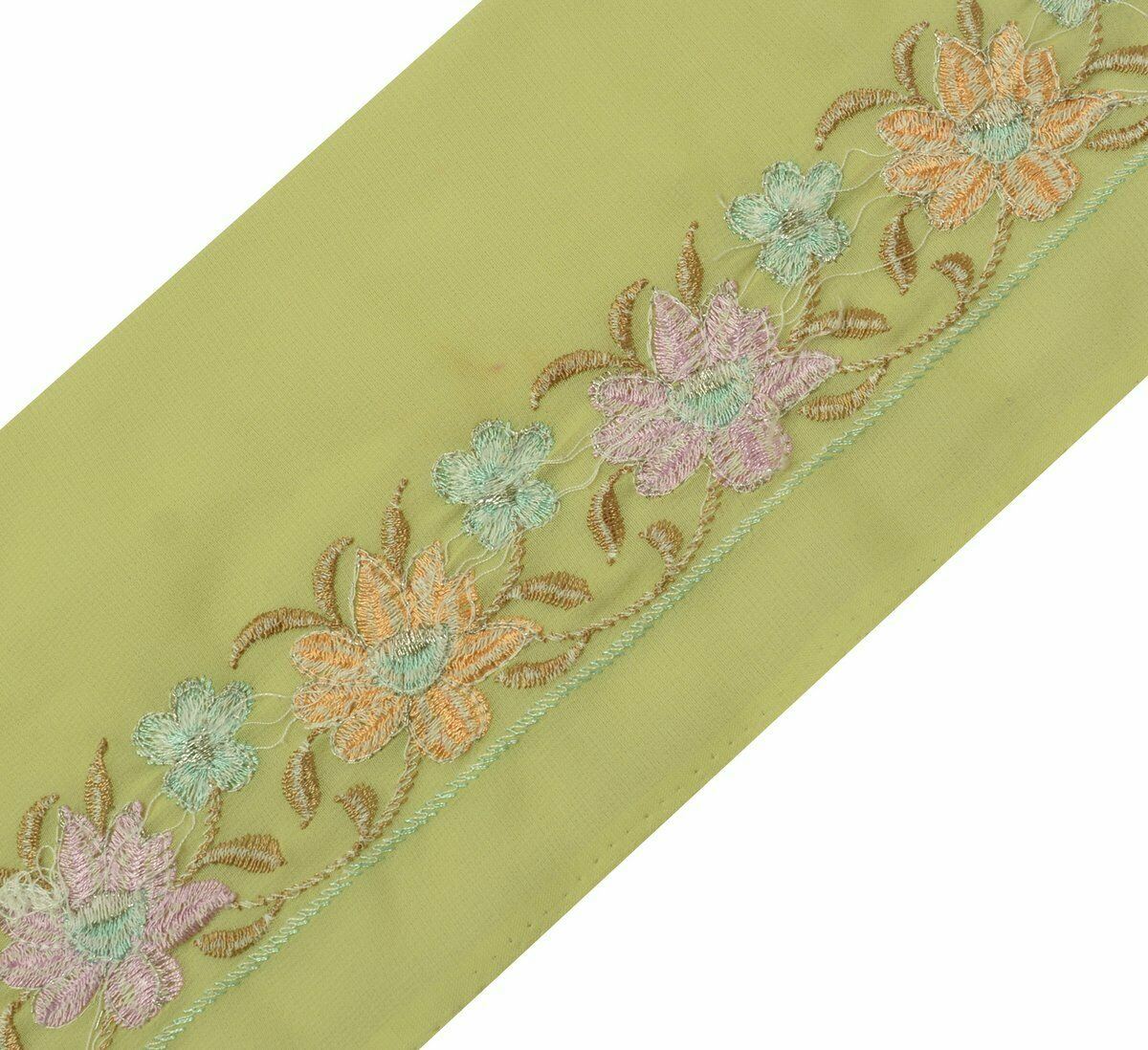 Antique Vintage Saree Border Indian Craft Trim Embroidered Floral Green Ribbon