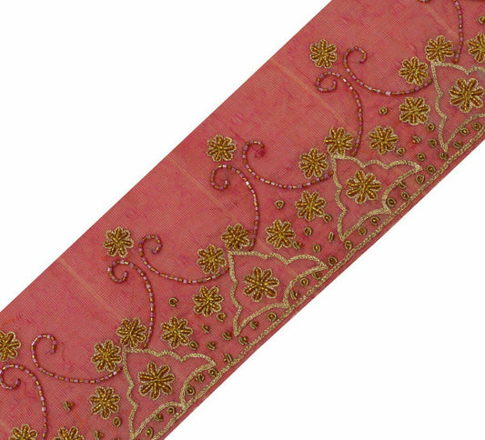 Antique Vintage Saree Border Indian Craft Trim Hand Beaded Embroidered Pink lace