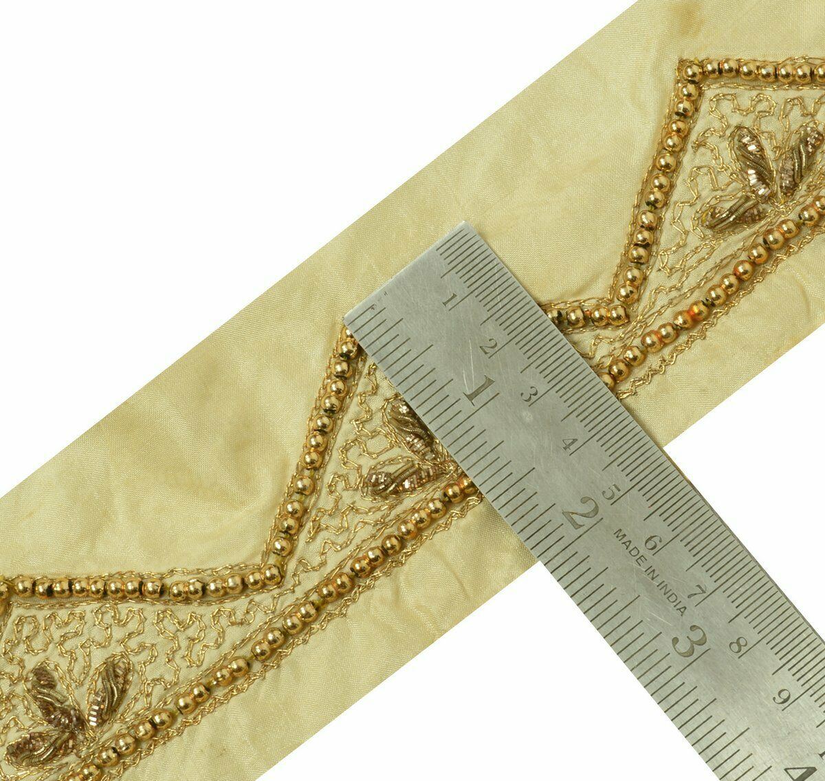 Antique Vintage Saree Border Craft Trim Hand Beaded Embroidered Cream Ribbon