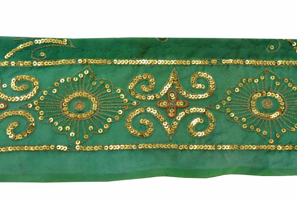 Antique Vintage Saree Border Indian Craft Trim Sequins Embroidered Green Lace