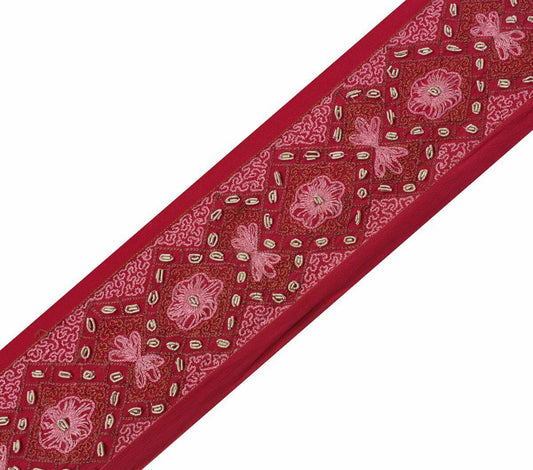 Antique Vintage Saree Border Craft Trim Hand Beaded Embroidered Deep Pink Ribbon