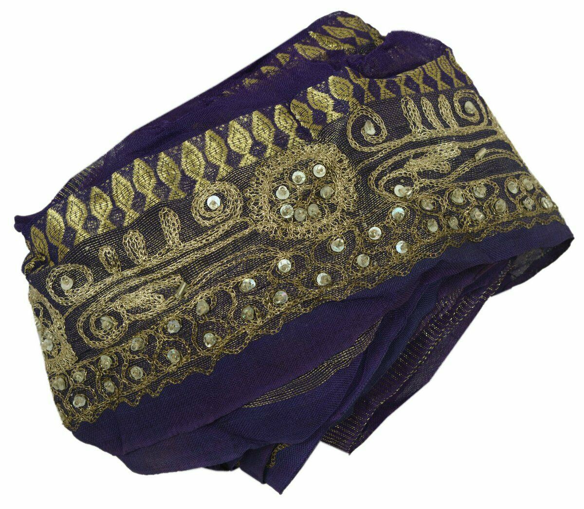 Vtg Saree Border Indian Craft Trim Antique Embroidered Beaded Zari Lace Purple