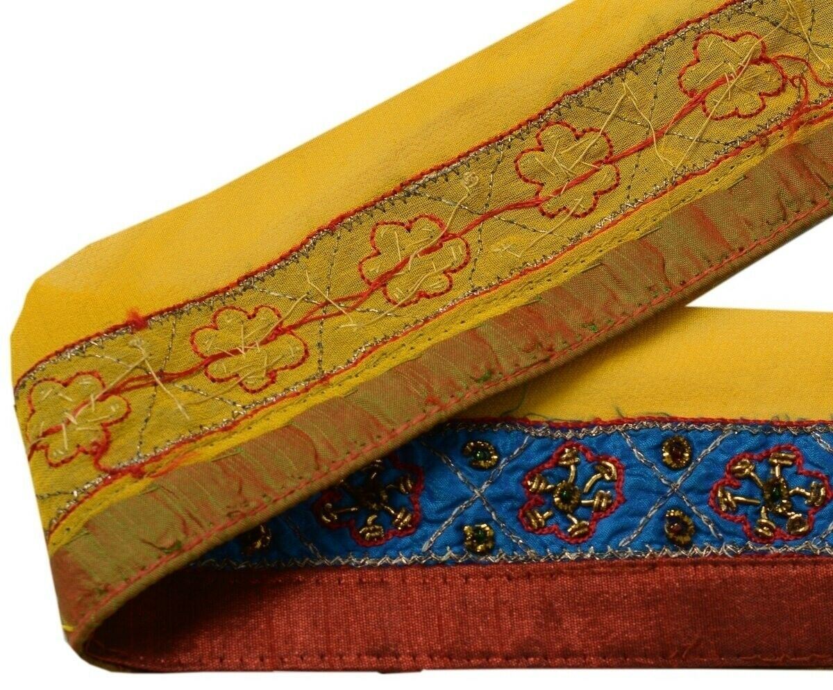 Vintage Sari Border Indian Craft Trim Beaded Embroidered Ribbon Lace Blue Maroon