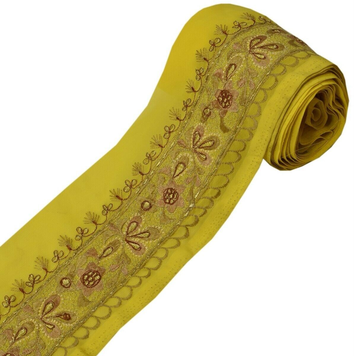 Vintage Sari Border Indian Craft Trim Embroidered Yellow Sewing Ribbon Lace