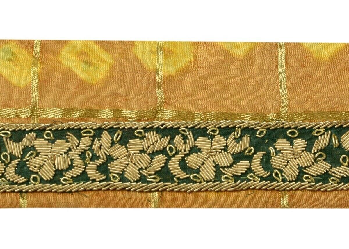 Vintage Sari Border Indian Craft Trim Hand Beaded Zardozi Green Ribbon Lace