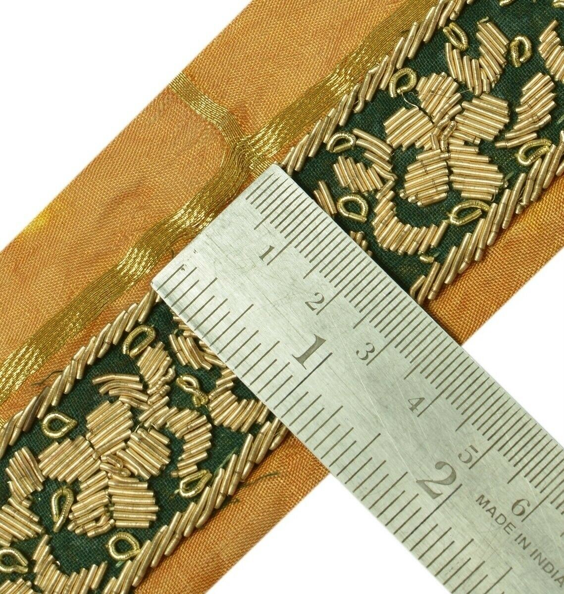 Vintage Sari Border Indian Craft Trim Hand Beaded Zardozi Green Ribbon Lace