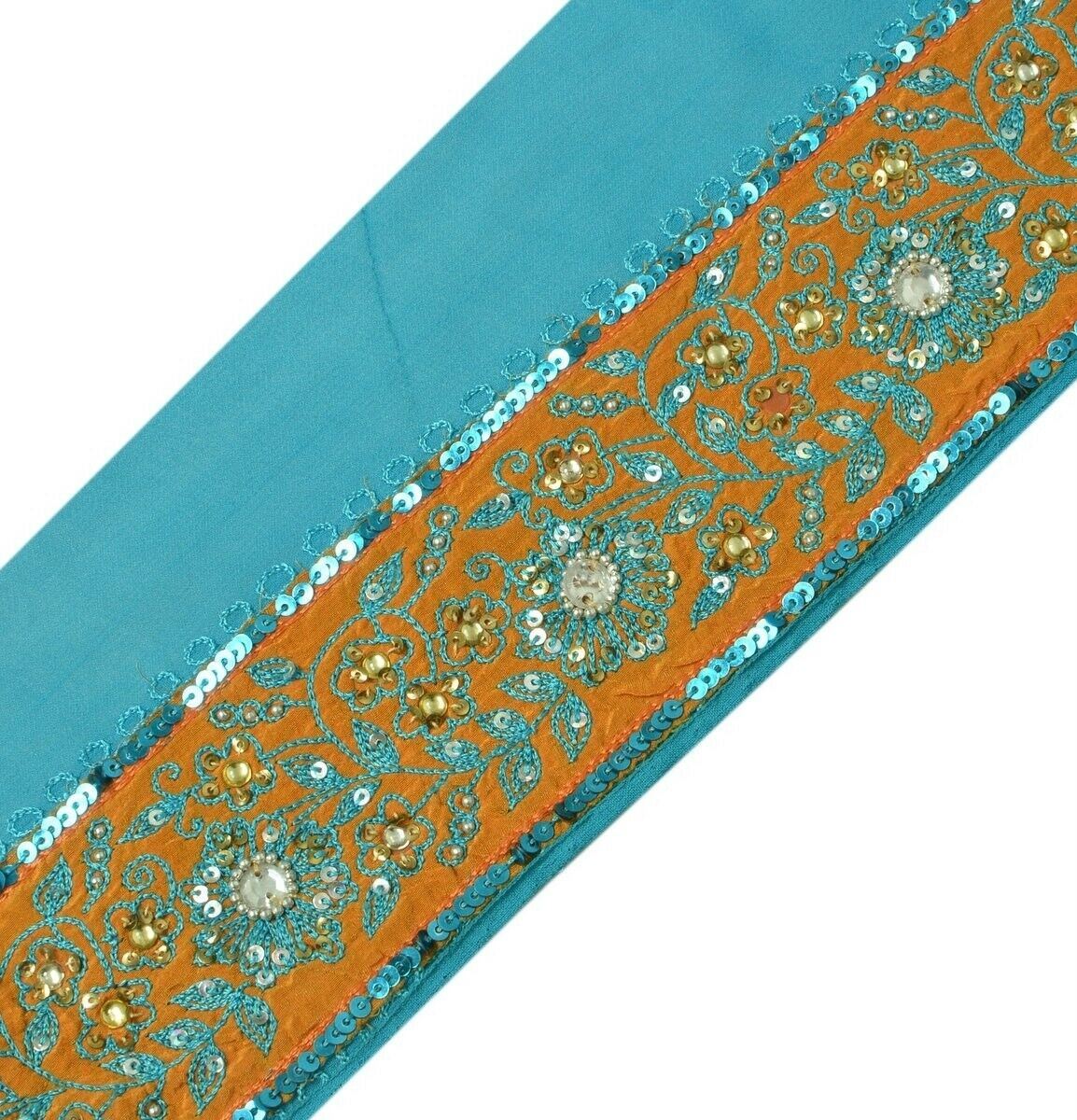 Vintage Sari Border Indian Craft Trim Hand Beaded Embroidered Lace Saffron