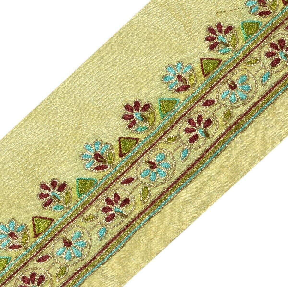 Vintage Sari Border Indian Craft Trim Embroidered Floral Cream Ribbon Lace