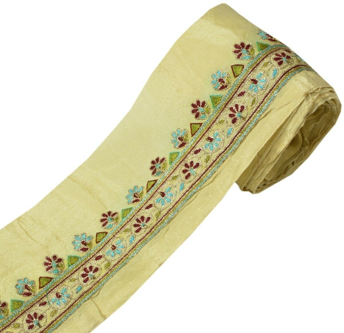 Vintage Sari Border Indian Craft Trim Embroidered Floral Cream Ribbon Lace