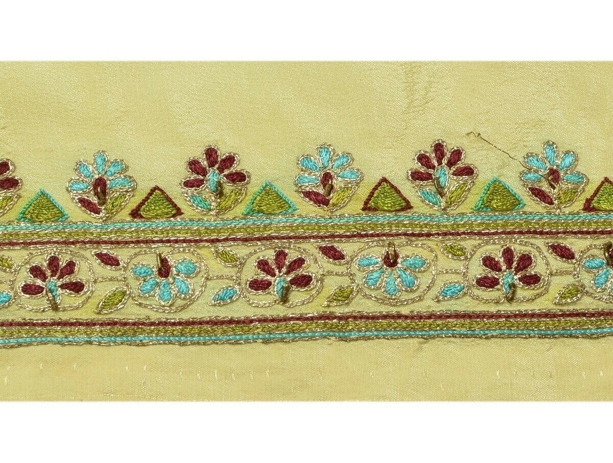 Vintage Sari Border Indian Craft Trim Embroidered Floral Cream Ribbon Lace