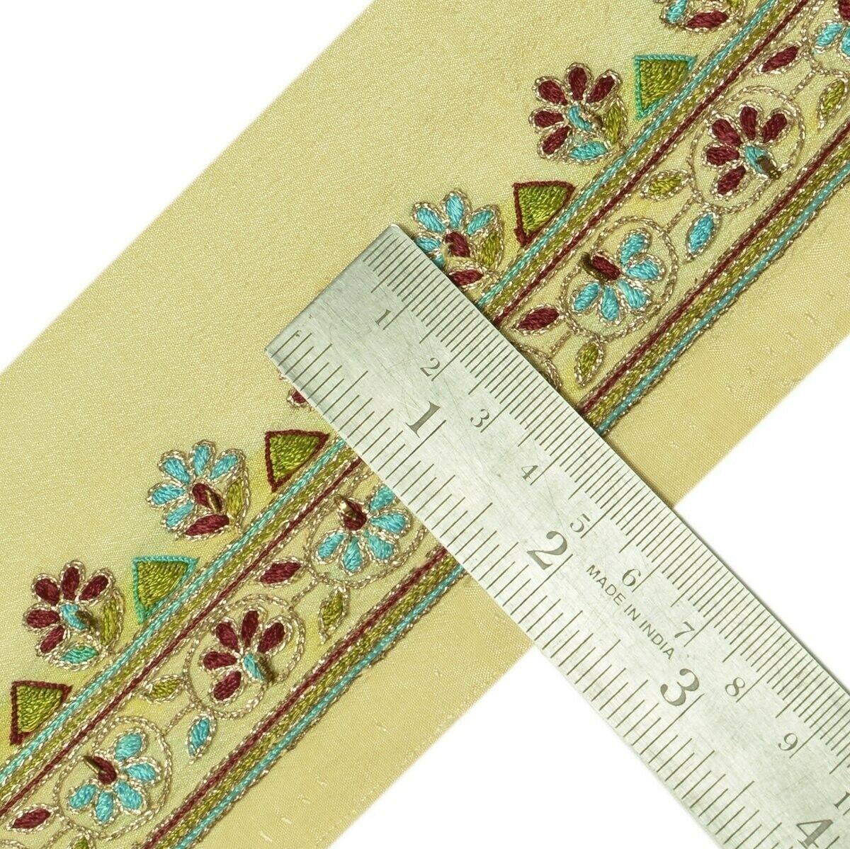 Vintage Sari Border Indian Craft Trim Embroidered Floral Cream Ribbon Lace