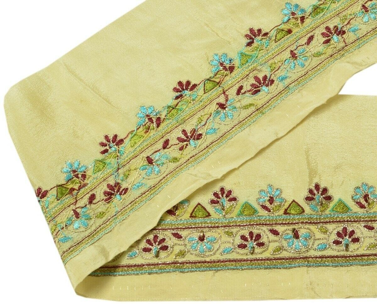 Vintage Sari Border Indian Craft Trim Embroidered Floral Cream Ribbon Lace