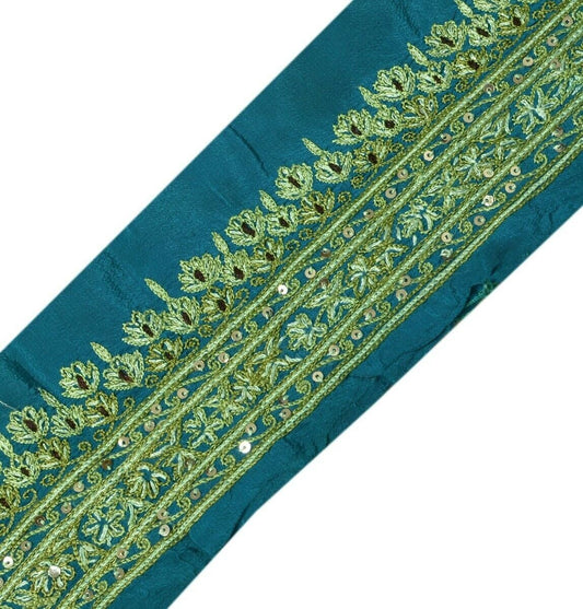 Vintage Sari Border Indian Craft Trim Hand Embroidered Green Sewing Ribbon Lace