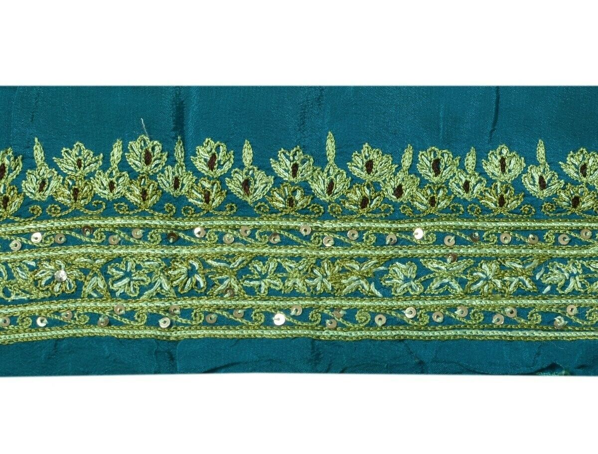 Vintage Sari Border Indian Craft Trim Hand Embroidered Green Sewing Ribbon Lace