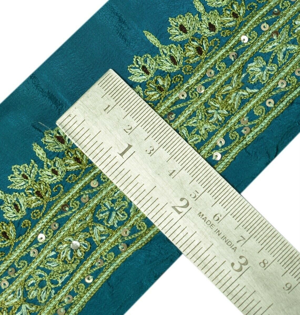 Vintage Sari Border Indian Craft Trim Hand Embroidered Green Sewing Ribbon Lace