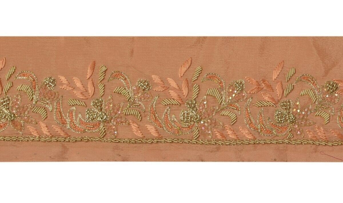 Vintage Sari Border Indian Craft Trim Hand Beaded Embroidered Ribbon Lace Peach