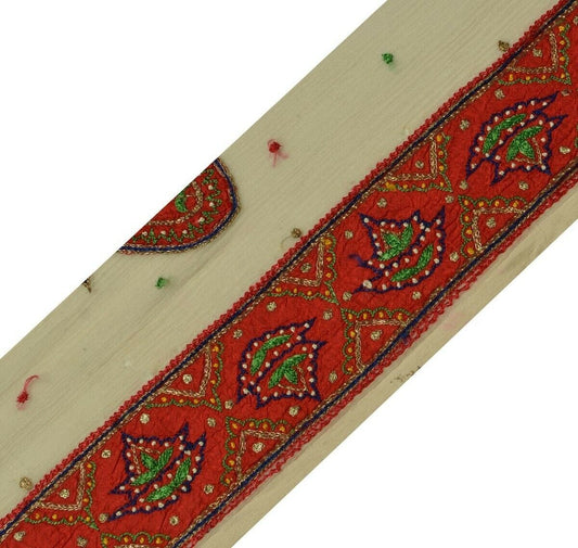 Vintage Sari Border Indian Craft Trim Hand Embroidered Sewing Ribbon Lace Red