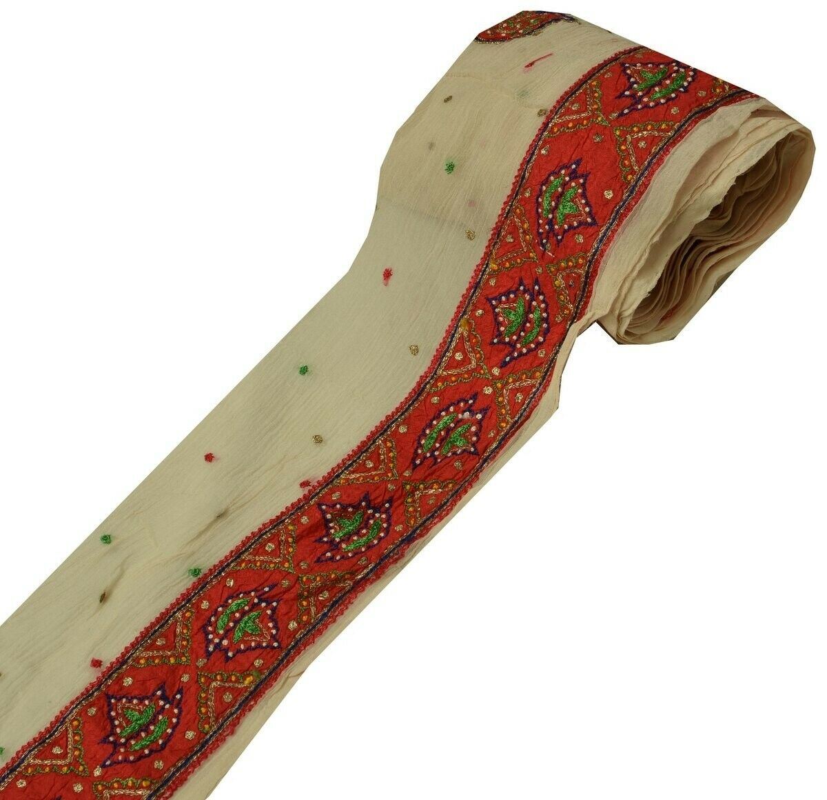 Vintage Sari Border Indian Craft Trim Hand Embroidered Sewing Ribbon Lace Red