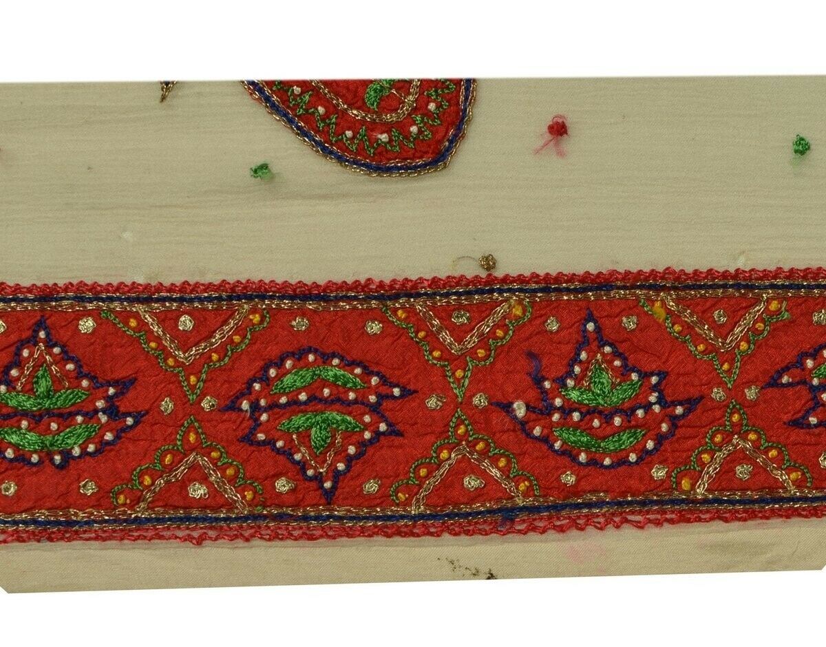 Vintage Sari Border Indian Craft Trim Hand Embroidered Sewing Ribbon Lace Red